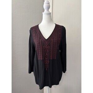 J. Jill 100% Rayon Embroidered Boho Top Peasant Blouse Small Black Red V Neck